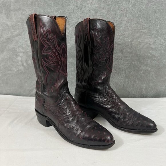 Vintage 1883 Lucchese Full Quill Ostrich Men\'s Black Cherry Boots Size 12 D main image 12